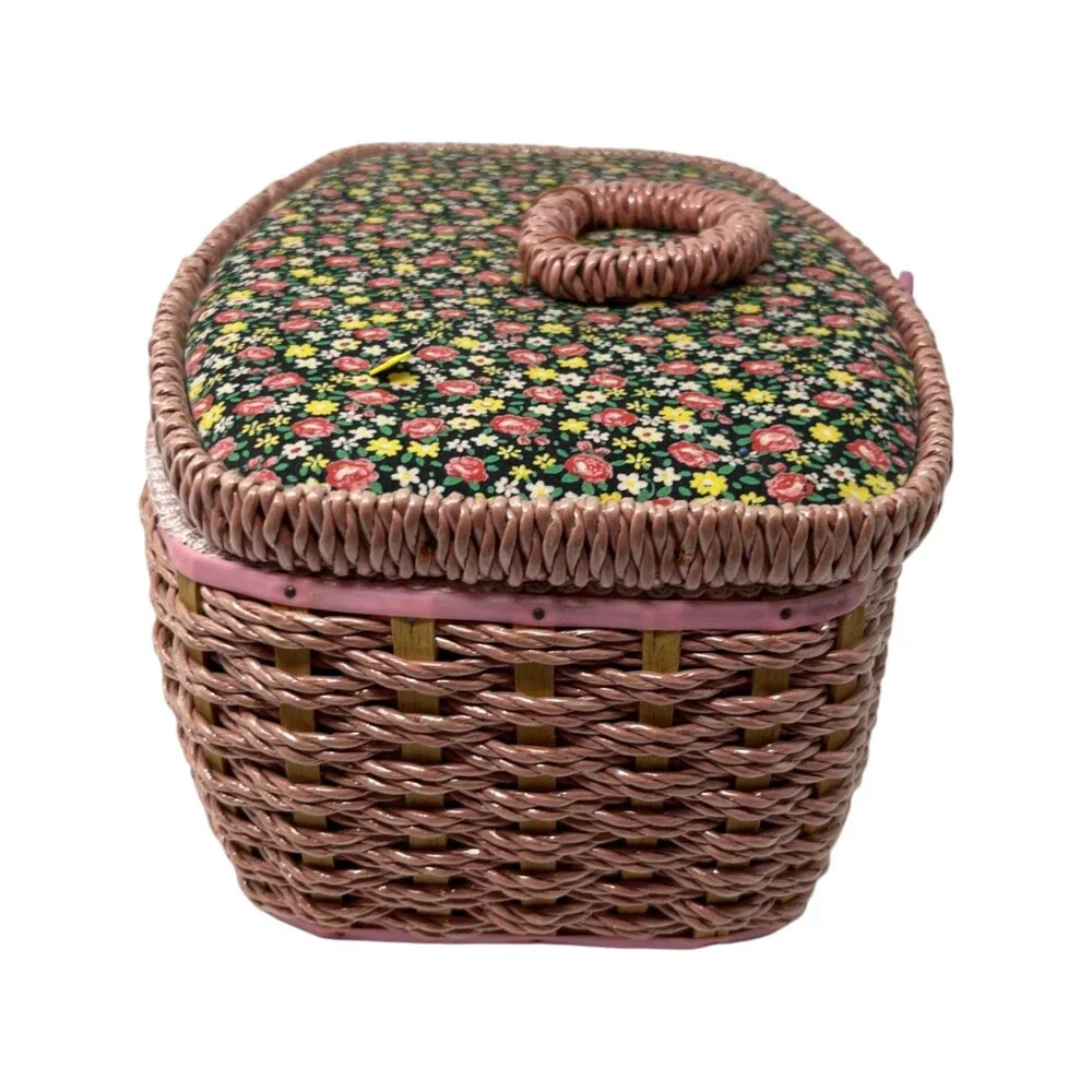 Singer Sewing Basket Floral Pink Wicker Storage Organizer Vintage Cottagecore